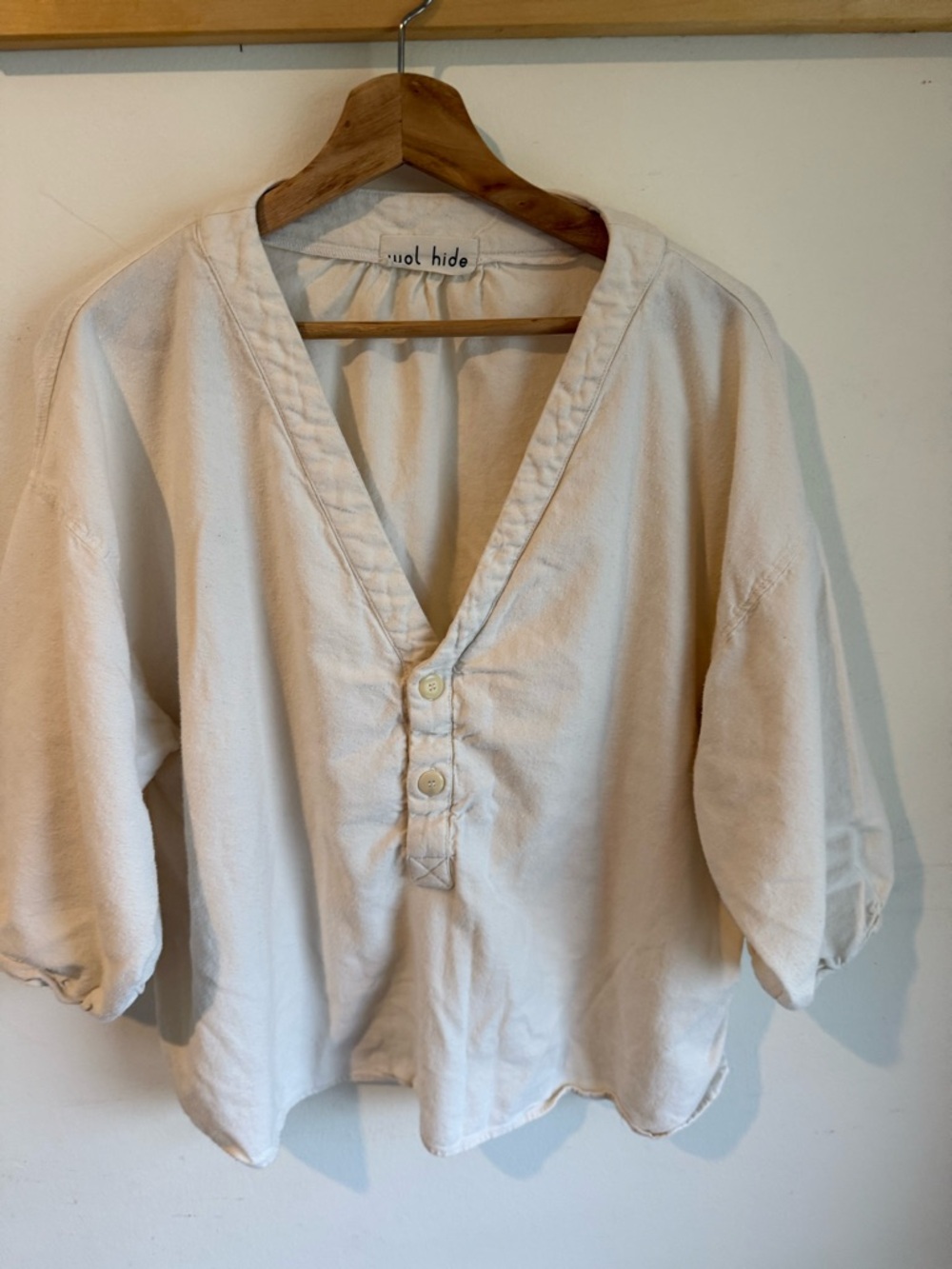 Wol Hide Cream flannel V-Neck Button-Front Women's Blouse - Picture 2 of 5
